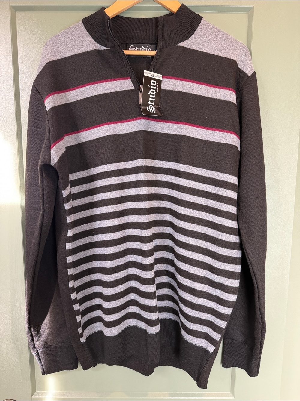 Studio Men's Black, Gray & Burgundy Striped Zip-Neck Sweater - NWT